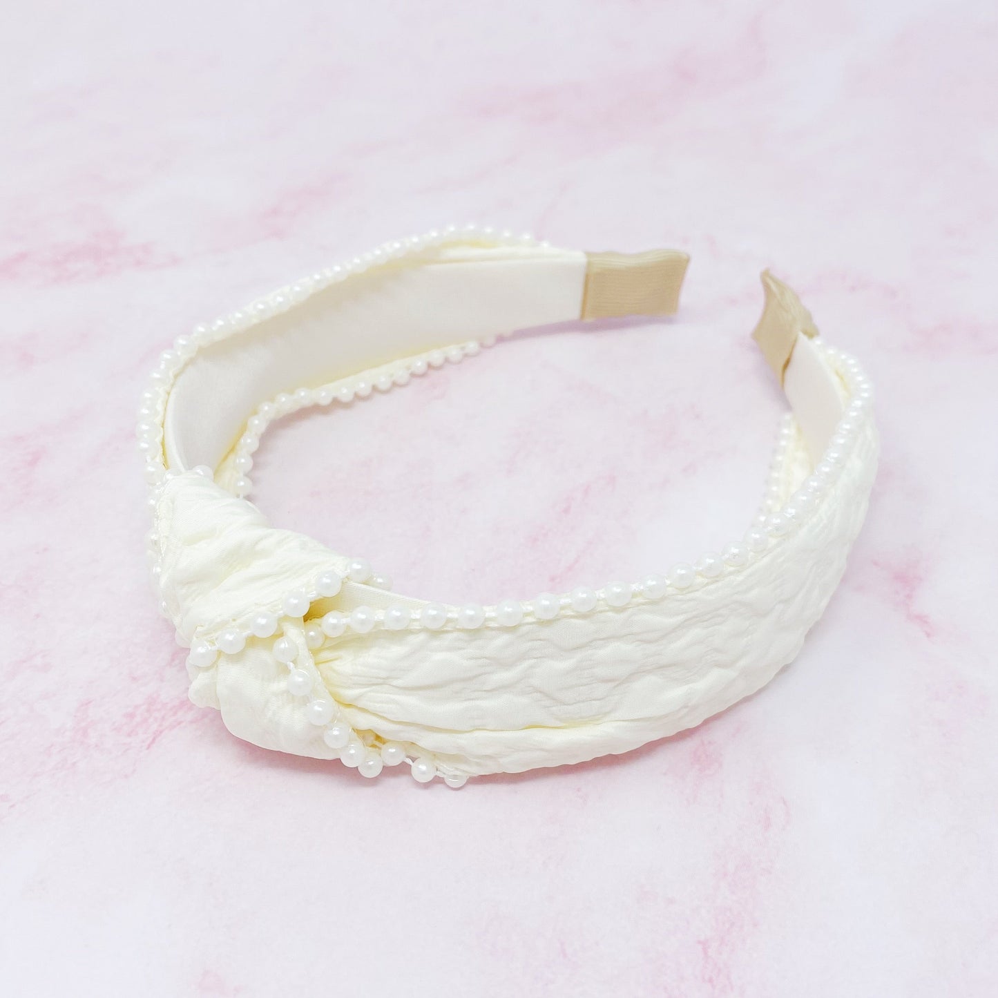 Knotted Pearl Embellished Headband — Embossed Fabric Structured Fit - Headbands