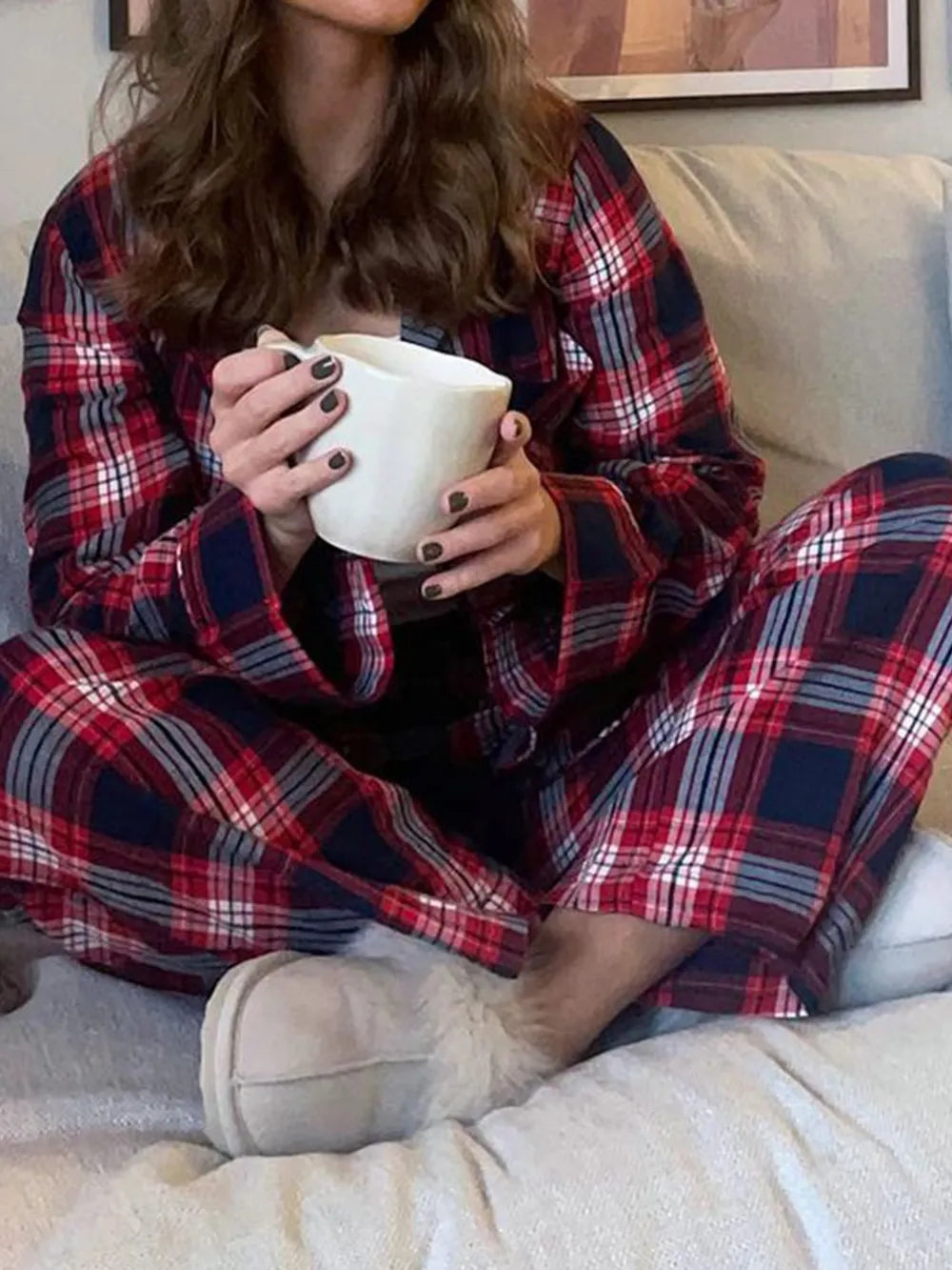 Plaid Two-Piece Lounge Set with Collared Button-Up Top and Matching Pants