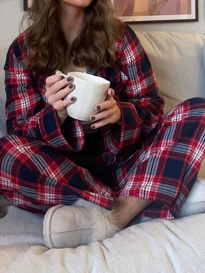 Plaid Two-Piece Lounge Set with Collared Button-Up Top and Matching Pants
