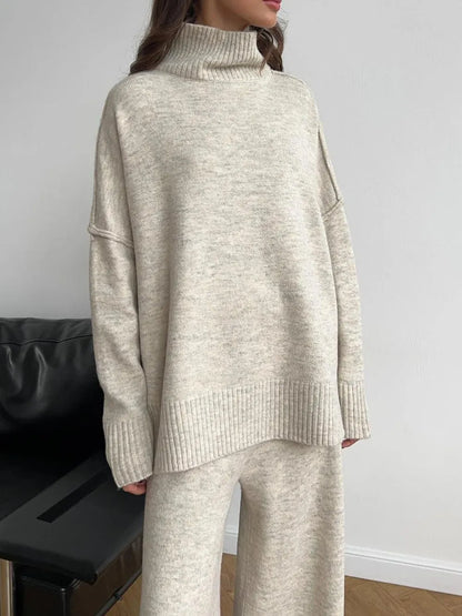 Long Sleeve Turtleneck Top with Slit and Pants Loungewear Set - Beige One Size Loungewear Sets