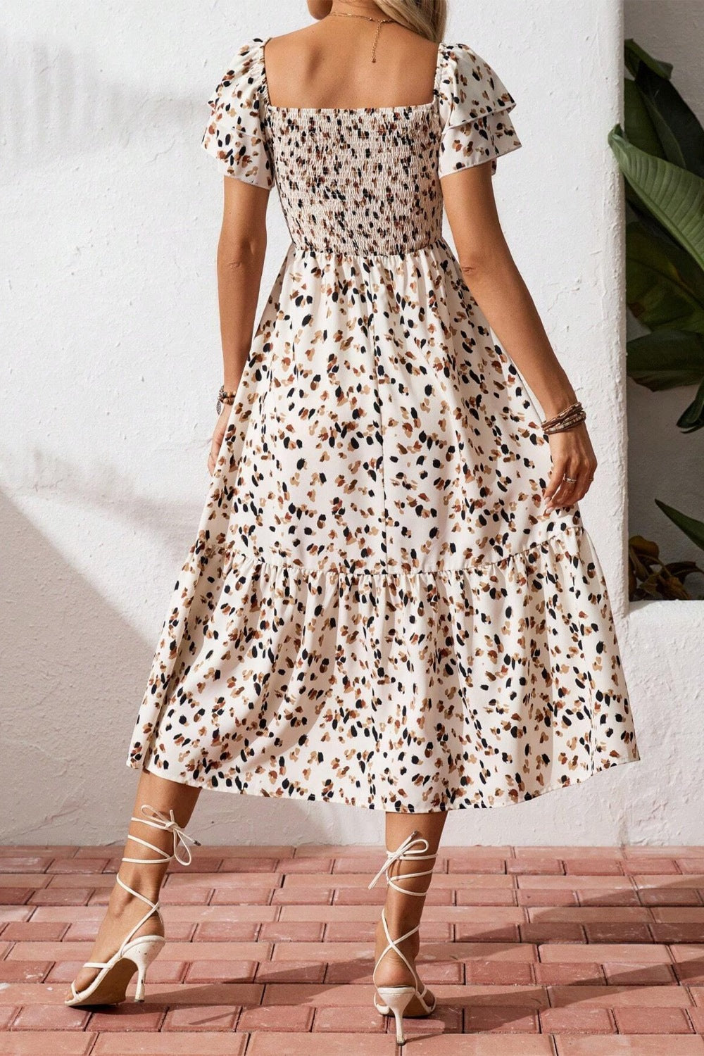 Square Neck Ruched Tiered Sleeve Midi Dress - Midi Dresses