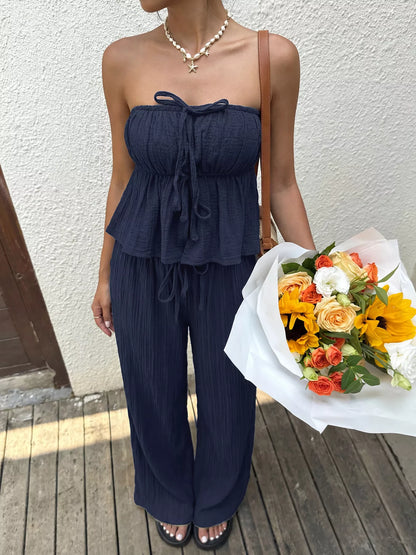 Women's Textured Tube Top and Flowy Wide Leg Pants Set - Matching Sets