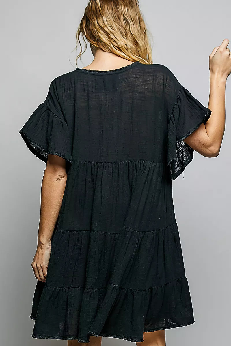 Women's Ruffle Shirred V-Neck Cotton Shirt Mini Dress - Mini Dresses