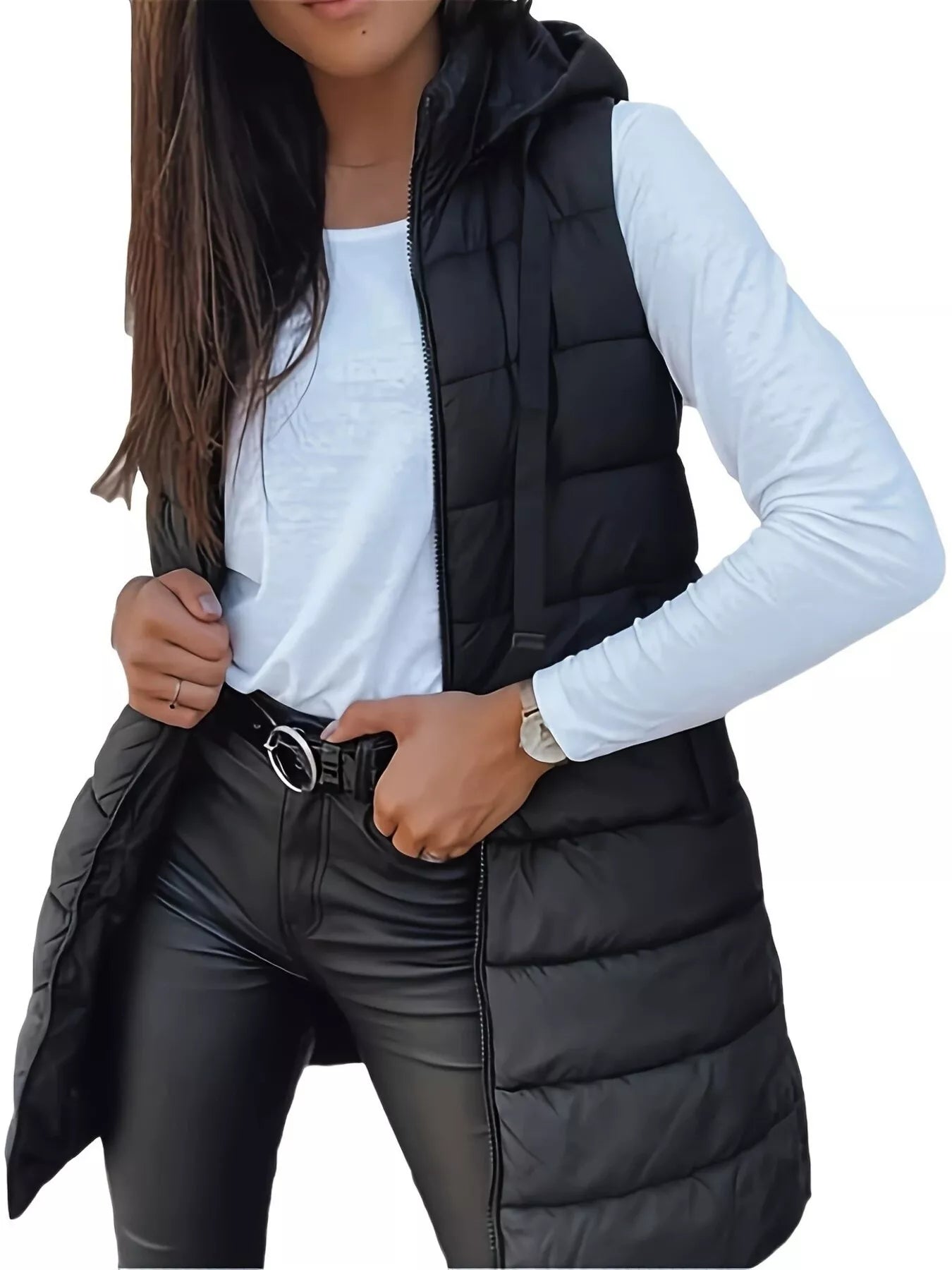 Zip Up Longline Hooded Puffer Vest Black