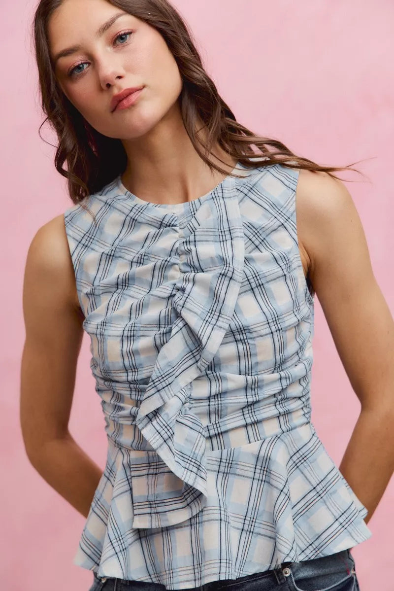 Women's Plaid Sleeveless Ruffle Peplum Top - Tops