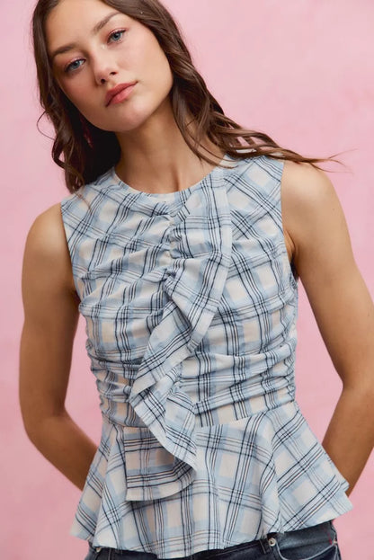 Women's Plaid Sleeveless Ruffle Peplum Top - Tops