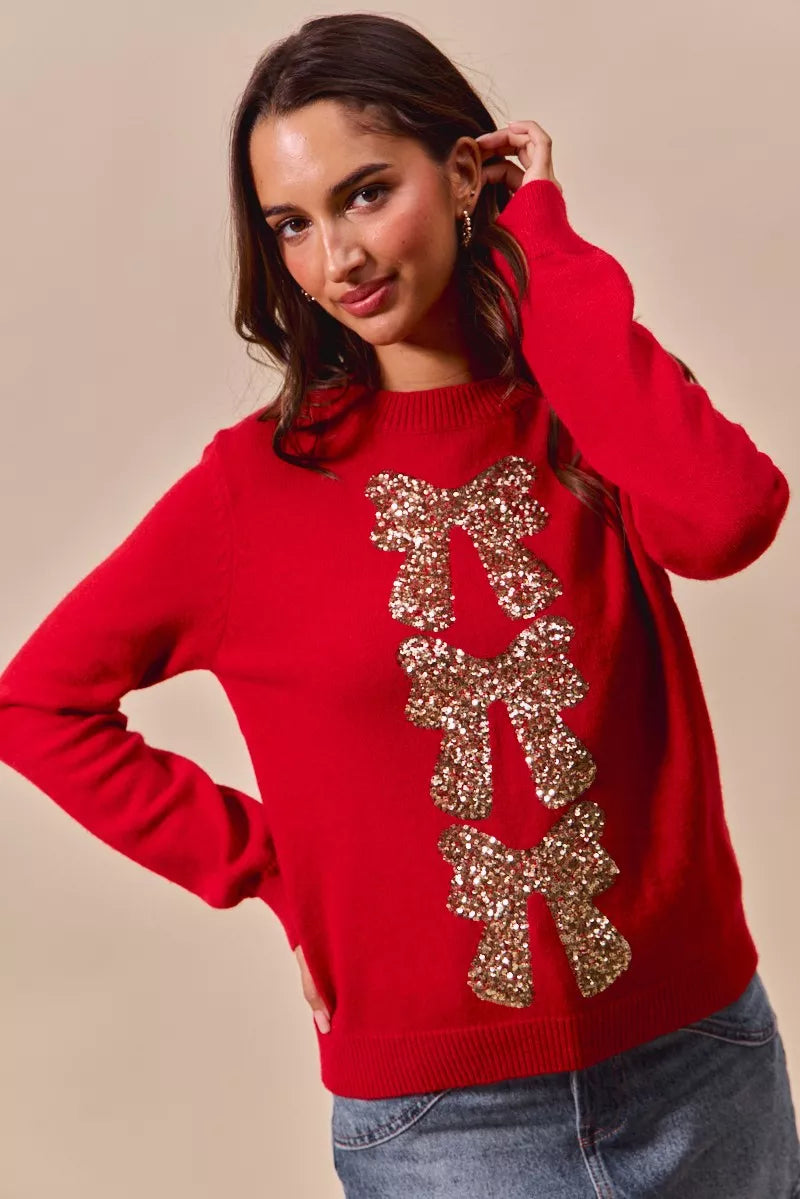 Red Sequined Bow Christmas Sweater | Trendy Sweaters Outfit Idea for Women by Ro + Ivy | Elevated Basics, Modern Comfort & Style