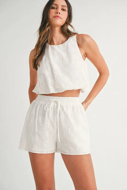 Eyelet Bubble Hem Sleeveless Top And Shorts Set – Off White outfit idea for women | Ro + Ivy