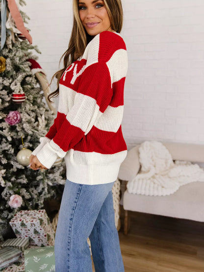 Striped Merry Christmas Drop-Shoulder Long-Sleeve Sweater