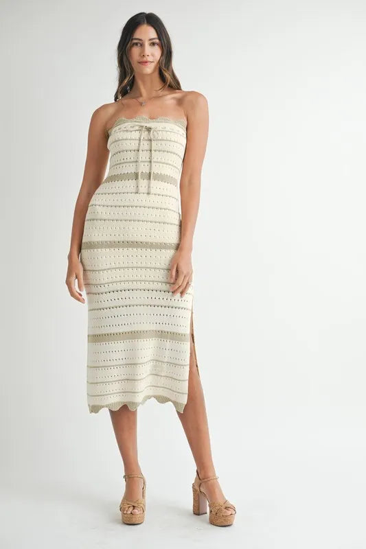Contrast Striped Crochet Knit Midi Dress — Intricate Textured Flattering Everyday Style - Midi Dresses