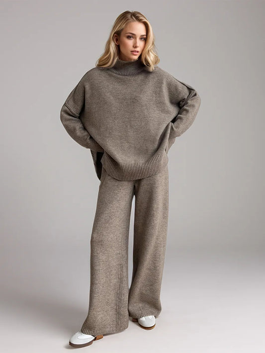 Long Sleeve Turtleneck Top with Slit and Pants Loungewear Set - Loungewear Sets