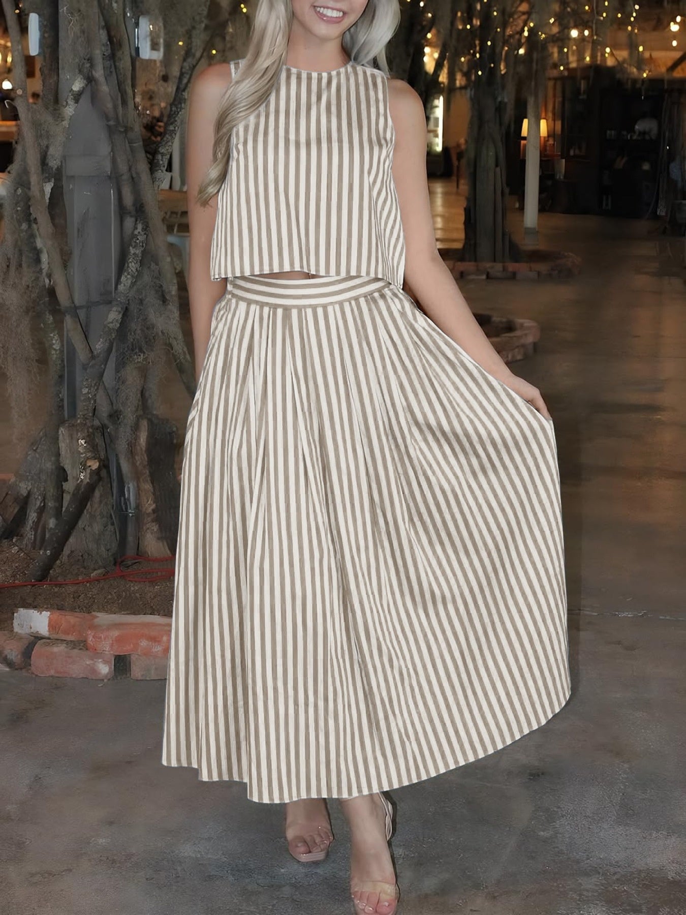 Women's Striped Sleeveless Top and Midi Skirt Set - Khaki Matching Sets