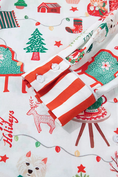 Striped Holiday Two-Piece Lounge Set with Button-Front Top and Matching Pants
