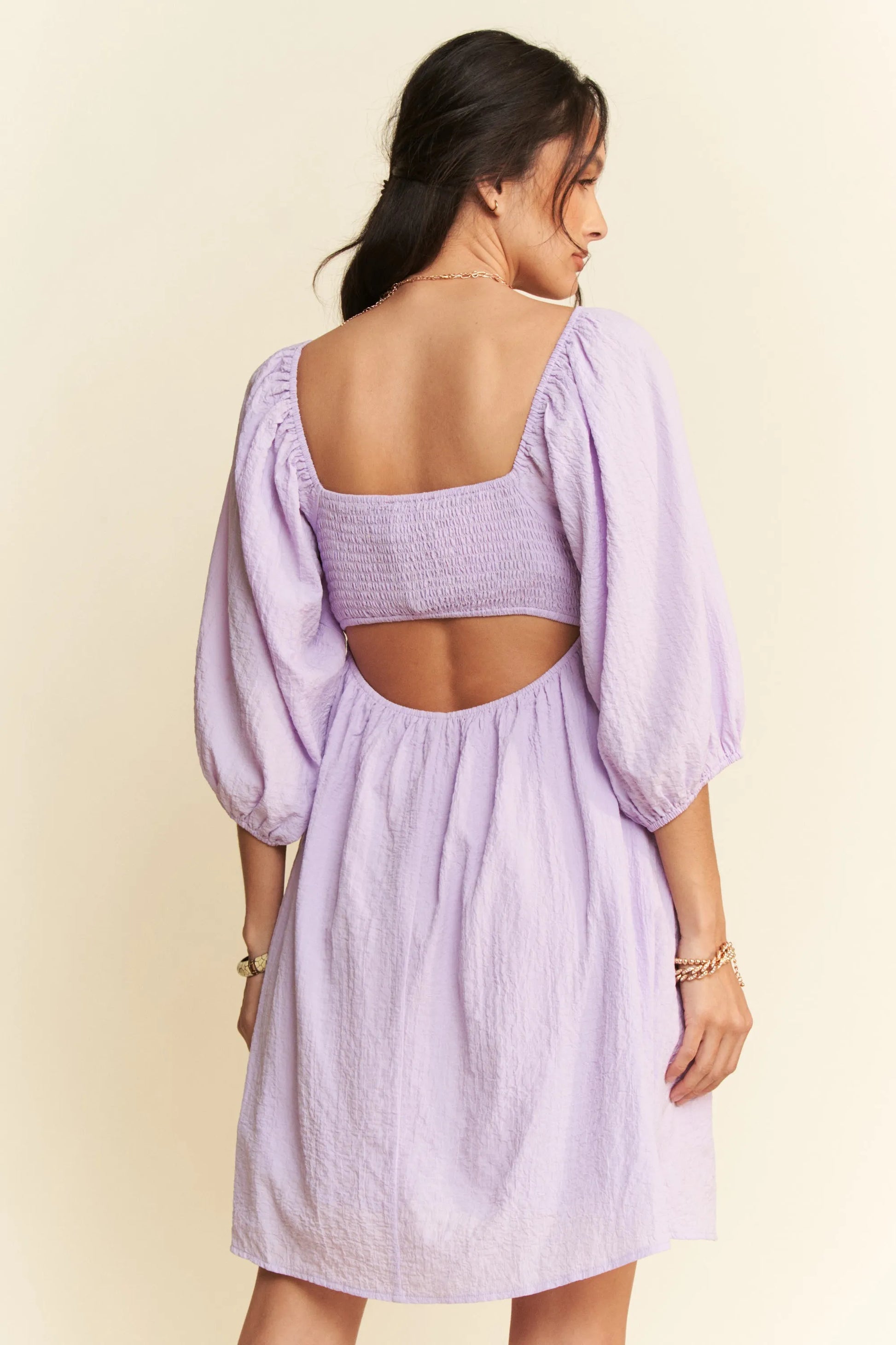 Self-Tie Puff Sleeve Smocking Open Back Mini Dress – outfit idea for women | Ro + Ivy