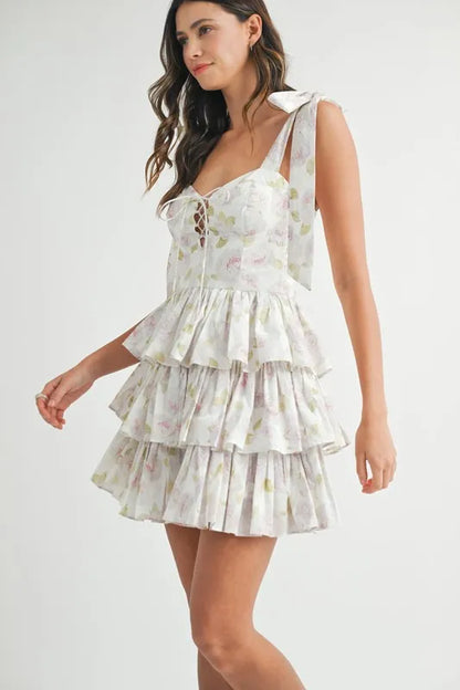 Floral Print Shoulder Tie Layered Mini Dress – outfit idea for women | Ro + Ivy