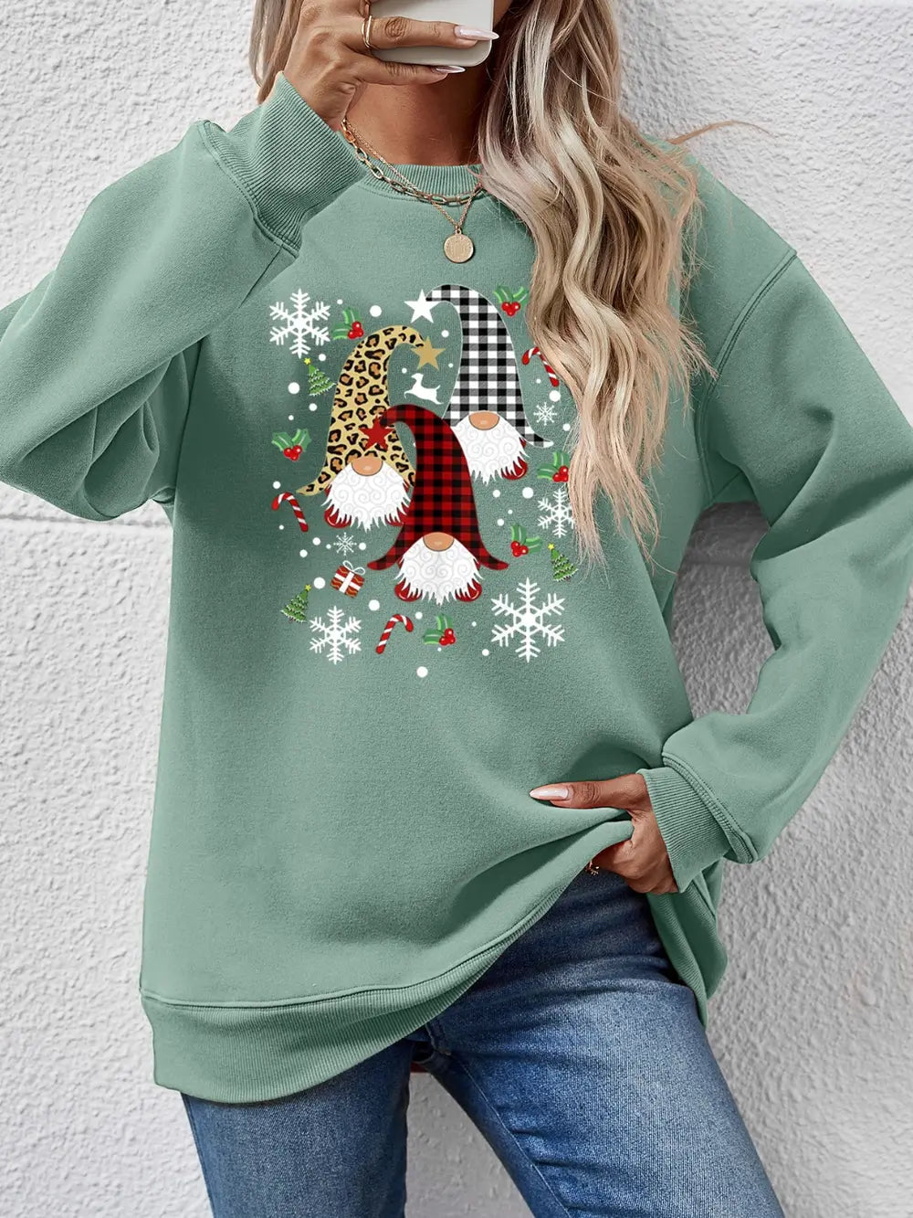 Faceless Gnomes Graphic Drop-Shoulder Sweatshirt Sage