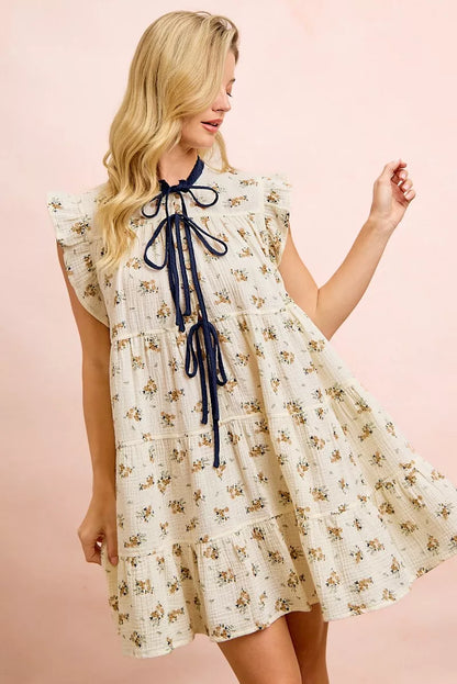 Women's Floral Tiered Ruffle Front Tie Mini Dress - Mini Dresses