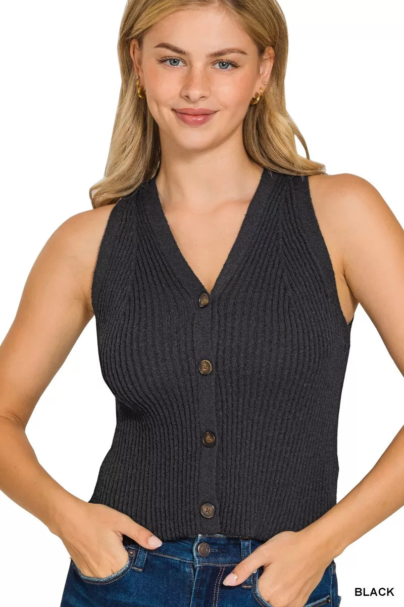 BLACK Ribbed Button-Down Knit Vest Top in Black | Trendy Knit Vests Outfit Idea for Women by Ro + Ivy | Elevated Basics, Modern Comfort & Style