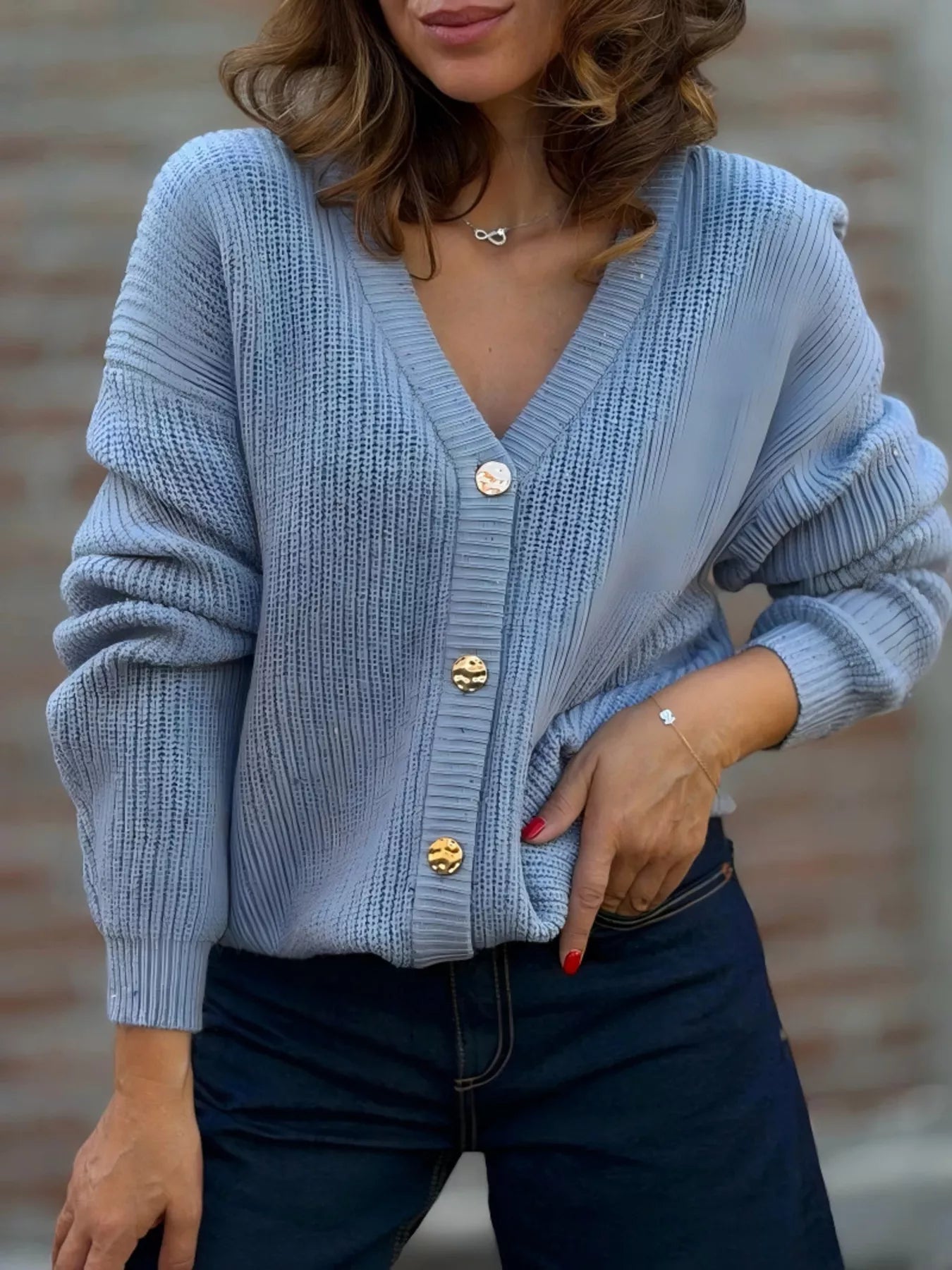 V-Neck Button-Up Knit Cardigan Blue