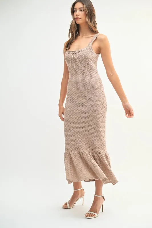 Ruffled Hem Sleeveless Crochet Knit Midi Dress in Mocha – outfit idea for women | Ro + Ivy