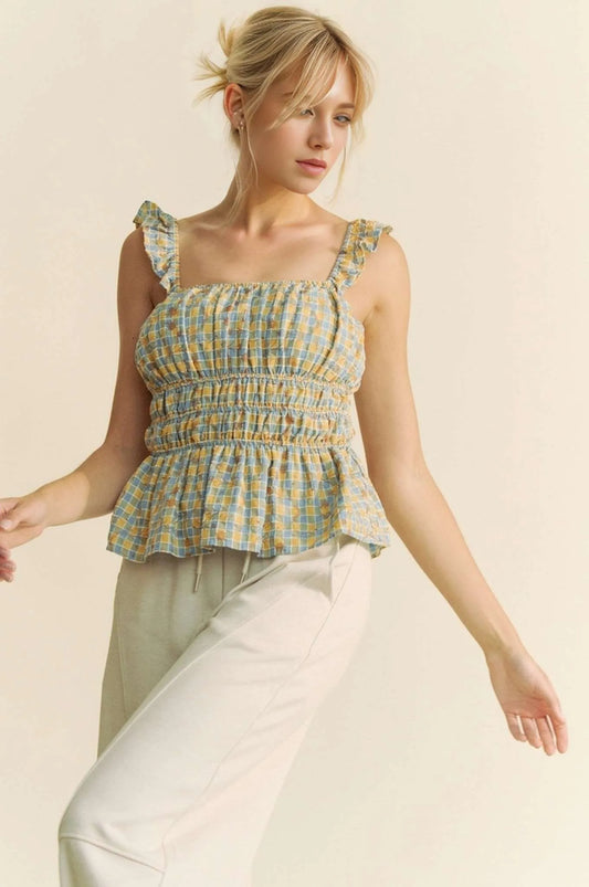Plaid Ruffled Strap Smocked Sleeveless Top – BLUE MULTI outfit idea for women | Ro + Ivy
