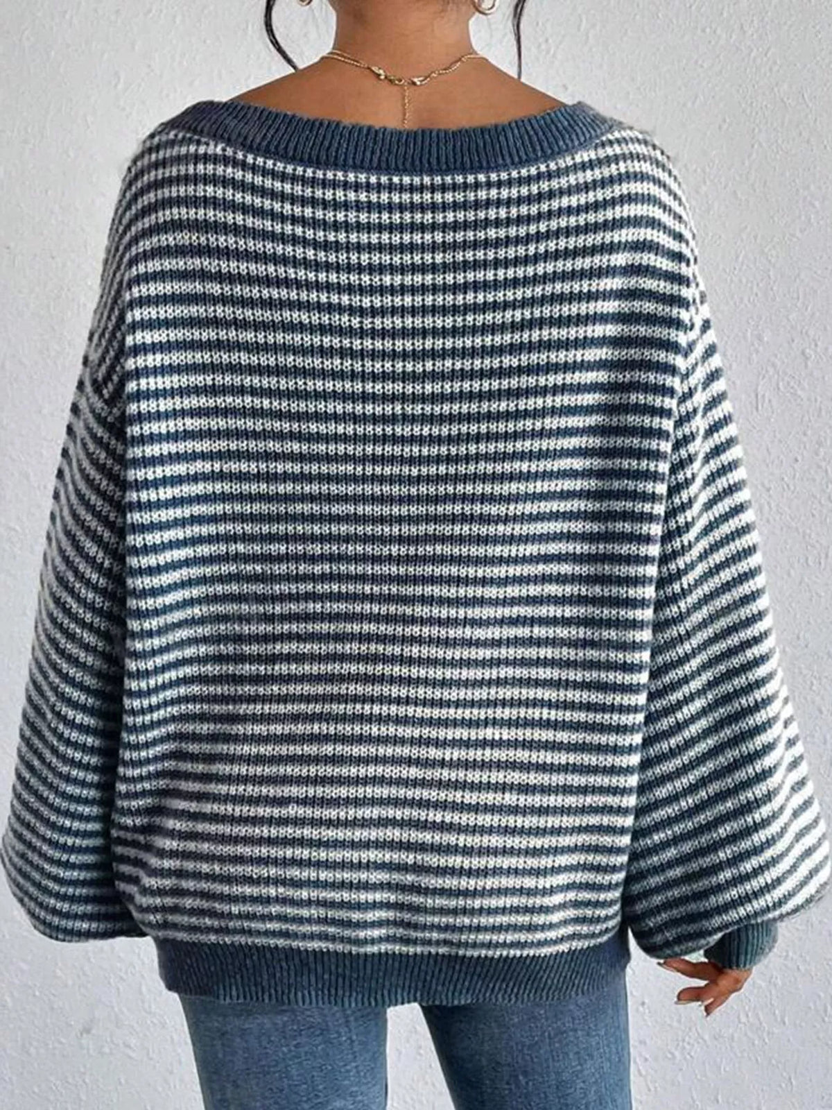 Oversized Striped Ribbed Knit Sweater with Boat Neck