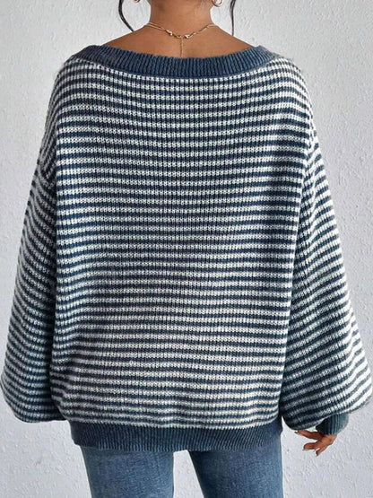 Oversized Striped Ribbed Knit Sweater with Boat Neck