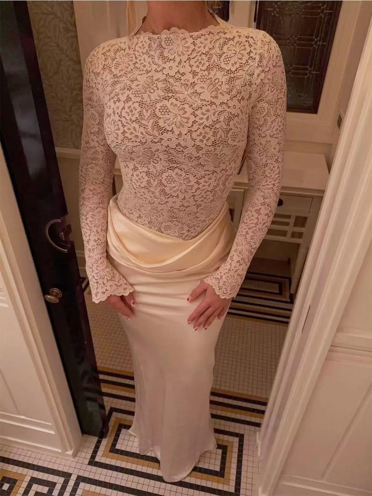 Long-Sleeve Bodycon Maxi Dress with Sheer Lace, Satin Patchwork and Ruched Details