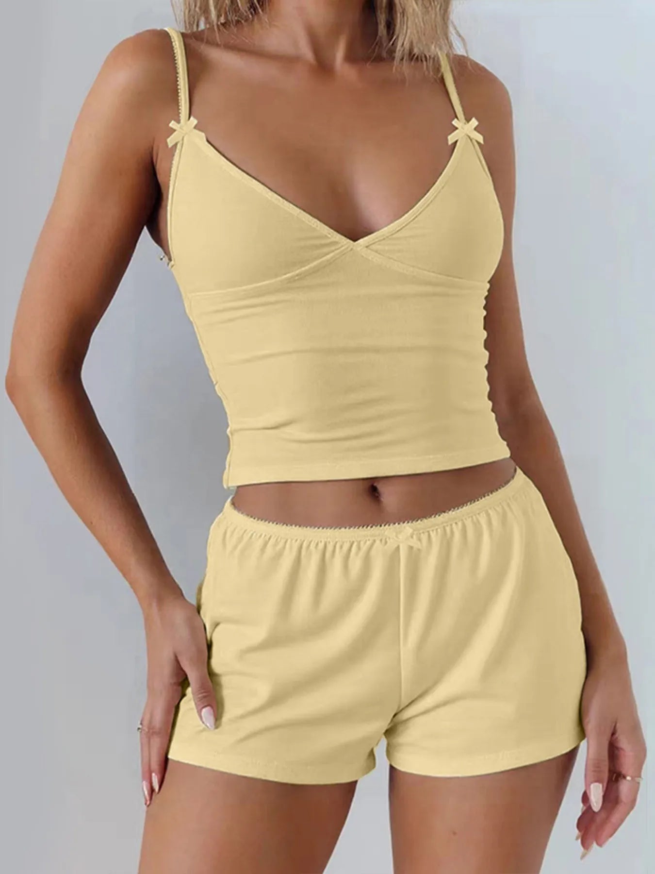 Women's V-Neck Cami and Shorts Lounge Set - Yellow Loungewear Sets