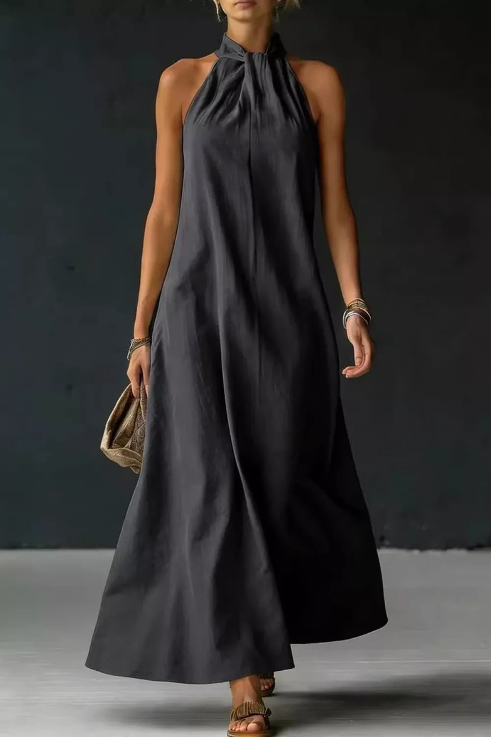Women's Halter Neck Sleeveless Maxi Dress, Side Slit - Black Maxi Dresses