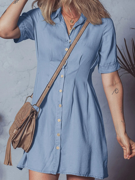 Light Blue Cotton Pleated Waist Short Sleeve Shirt Dress | Trendy Midi Dresses Outfit Idea for Women by Ro + Ivy | Elevated Basics, Modern Comfort & Style