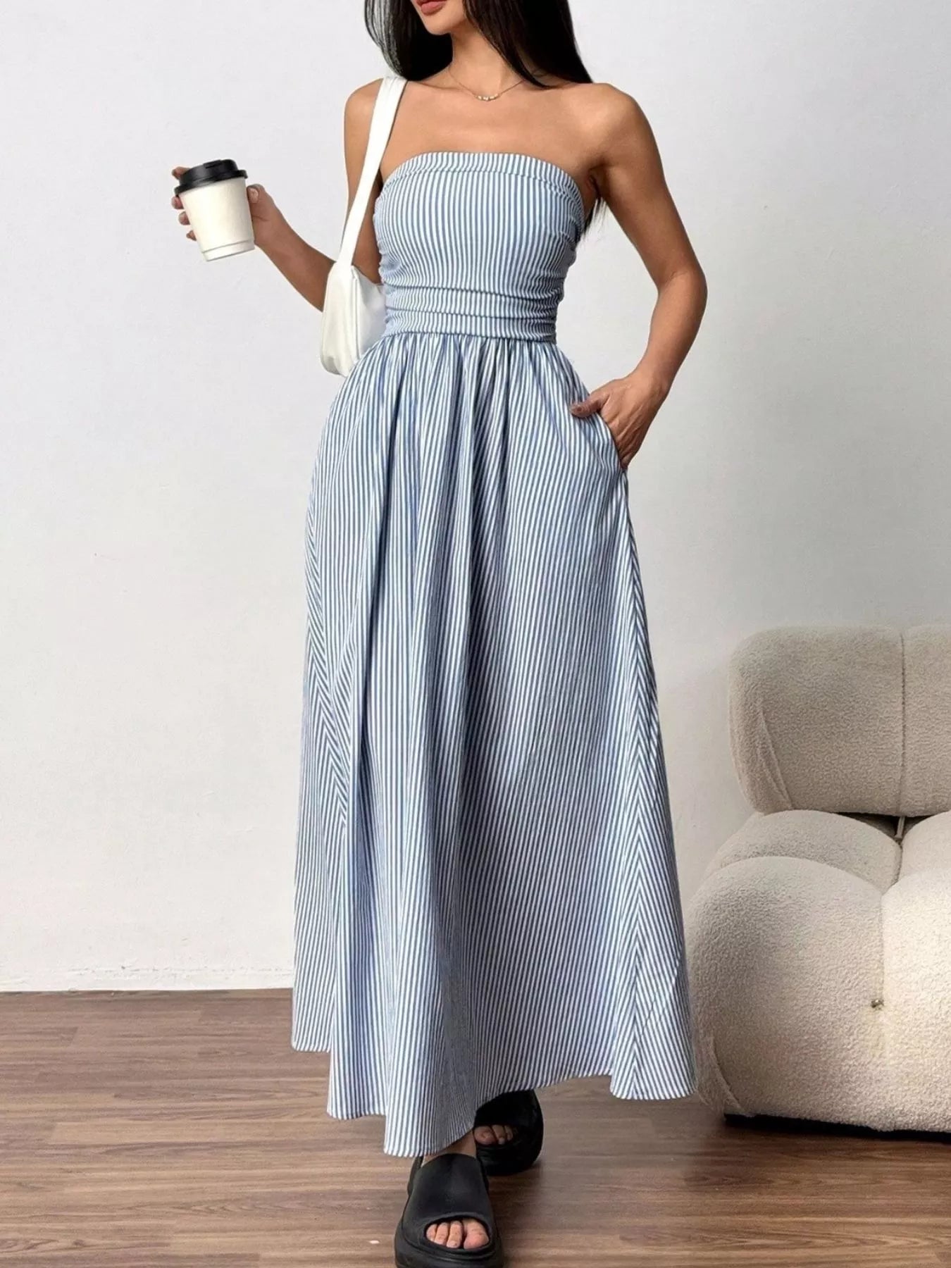 Strapless Featherweight Cotton Striped Maxi Dress - Maxi Dresses