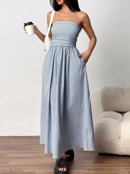 Strapless Featherweight Cotton Striped Maxi Dress - Maxi Dresses