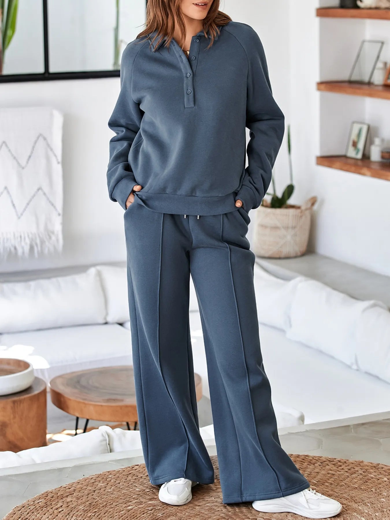 Women's Collared Sweatshirt and High Waist Pants Active Set - Activewear Sets
