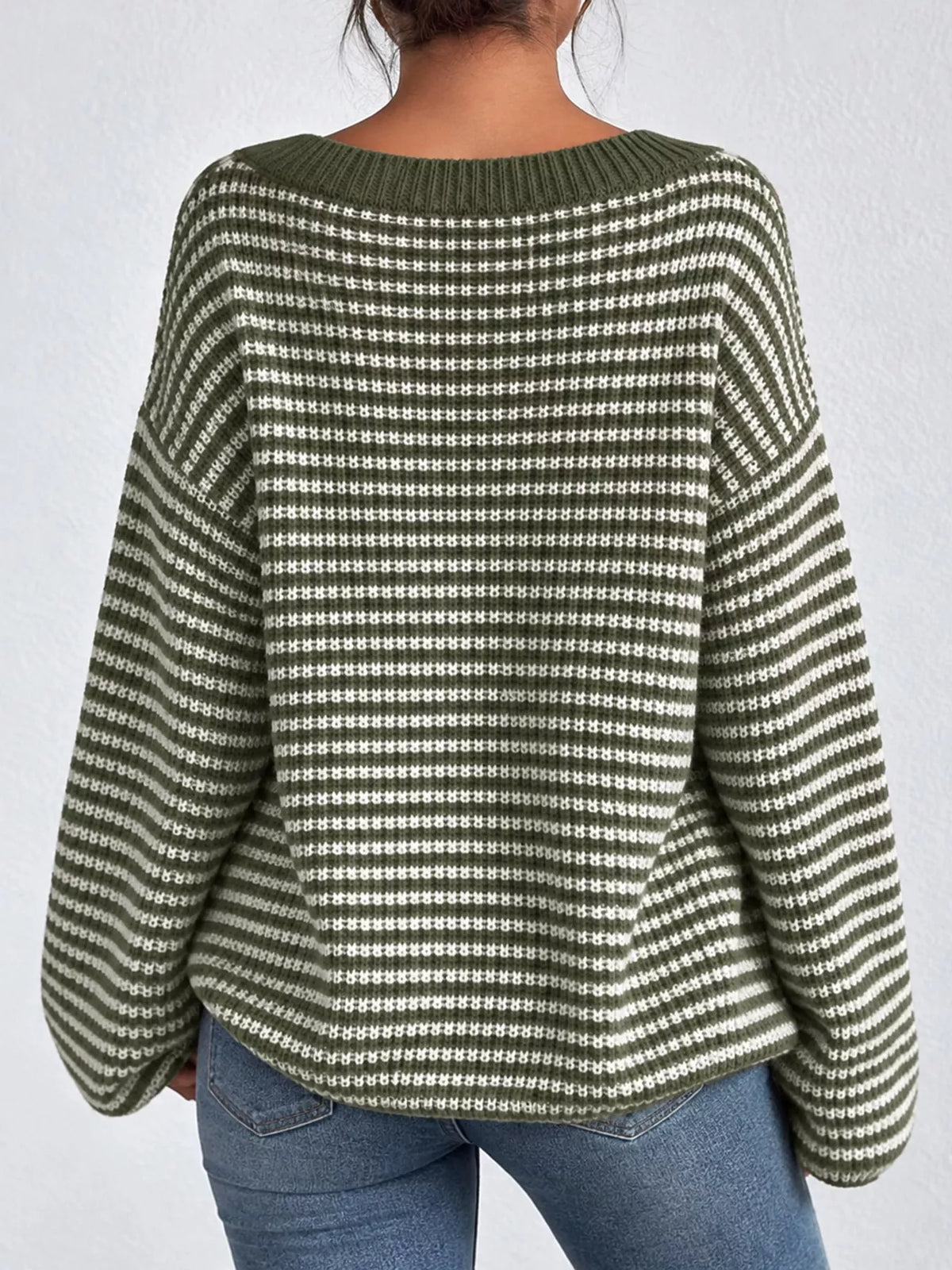 Oversized Striped Ribbed Knit Sweater with Boat Neck