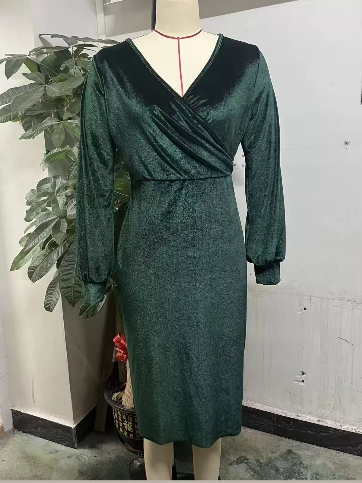 Long-Sleeve Velvet Wrap Dress with Ruched Bodycon Fit