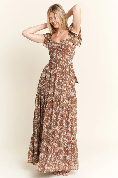Ruffle Sleeve Tiered Maxi Dress in Mocha – outfit idea for women | Ro + Ivy