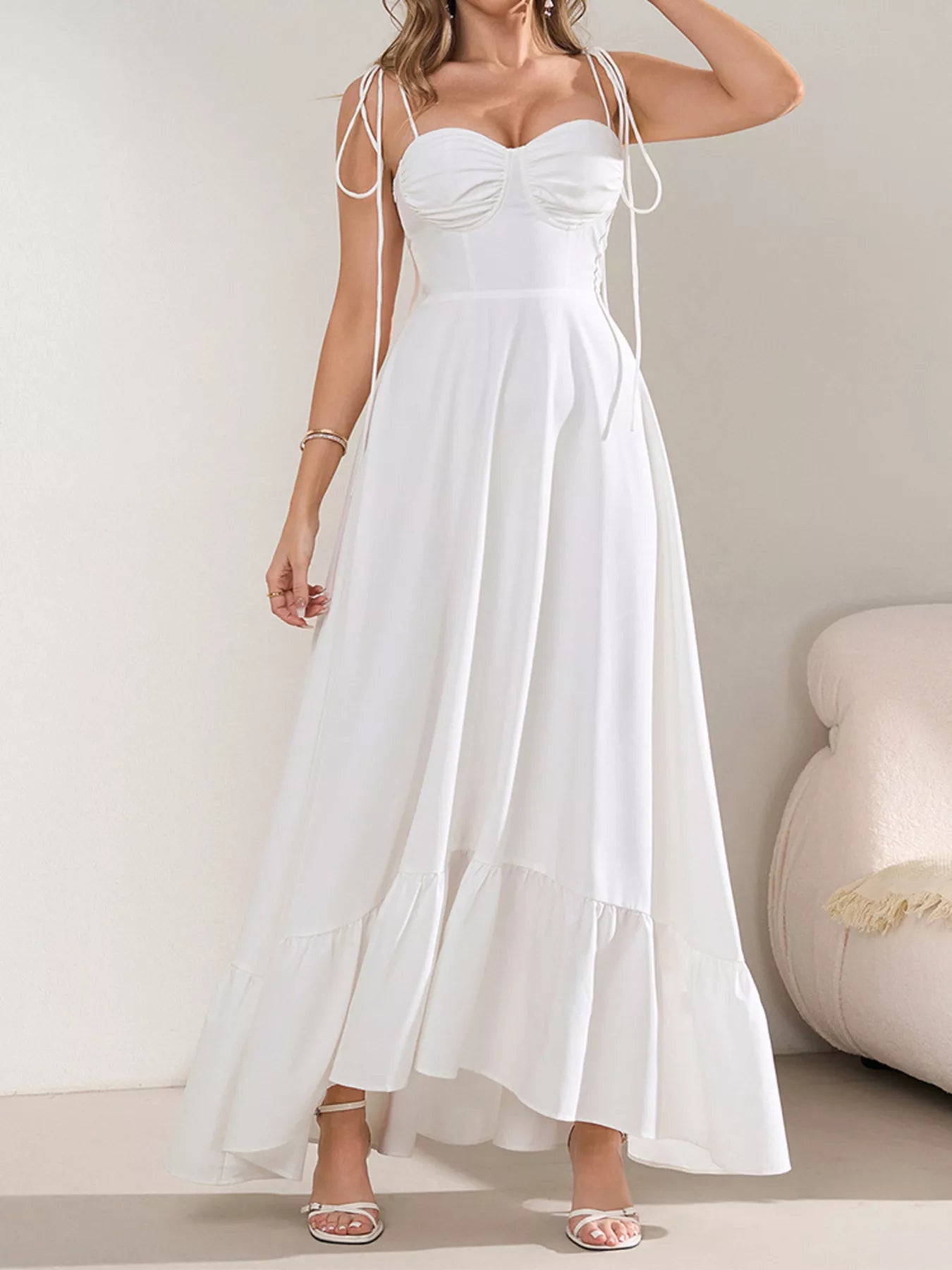 Sweetheart Neck Tie-Strap Ruffle Hem Maxi Dress - Maxi Dresses