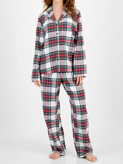 Plaid Two-Piece Lounge Set with Collared Button-Up Top and Matching Pants Light Gray