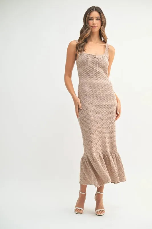 Ruffled Hem Sleeveless Crochet Knit Midi Dress in Mocha – Mocha outfit idea for women | Ro + Ivy