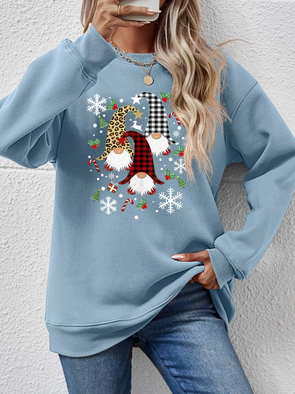 Faceless Gnomes Graphic Drop-Shoulder Sweatshirt Misty Blue