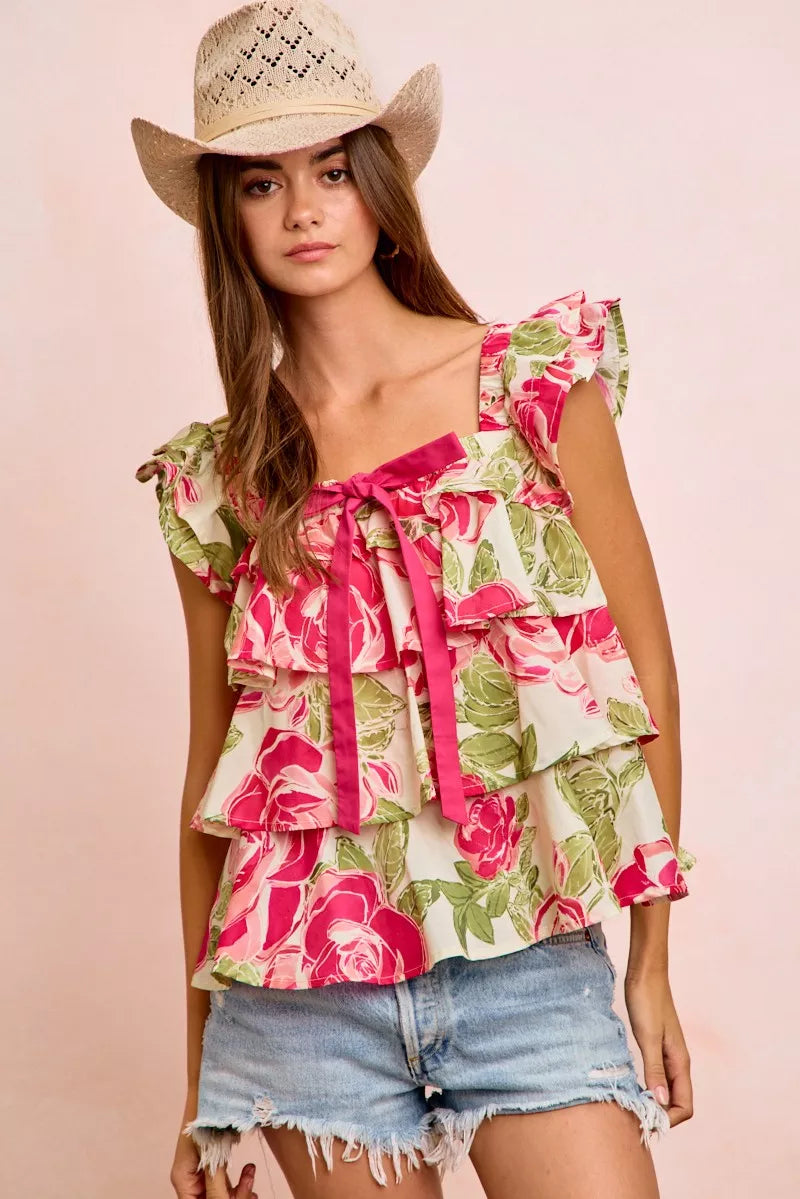 Floral Print Woven Bow Tie Ruffle Square Neck Top — Romantic Charming Feminine Everyday Style - Blouses