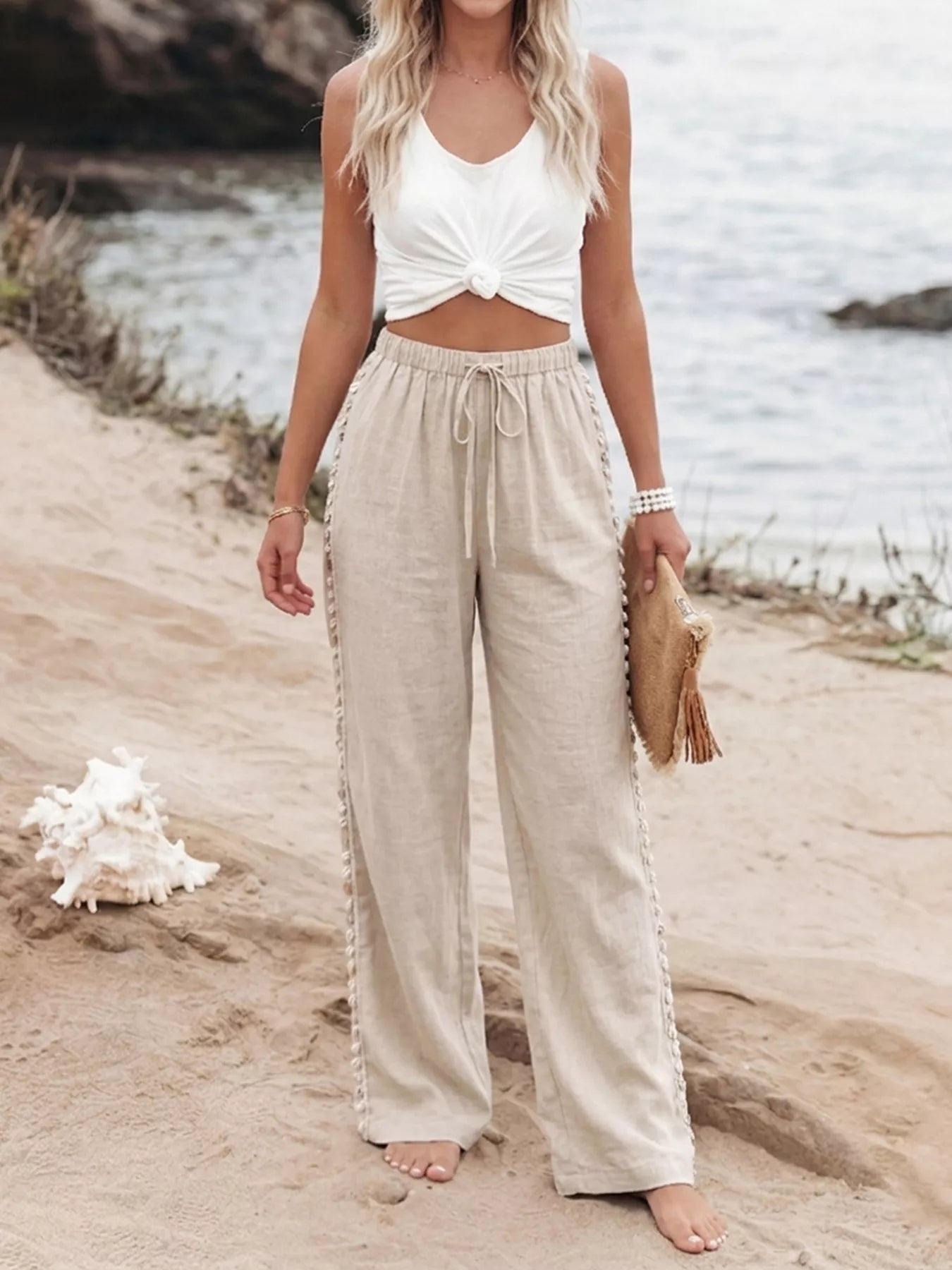 Women's Linen Blend Wide Leg Drawstring Pants - Pants