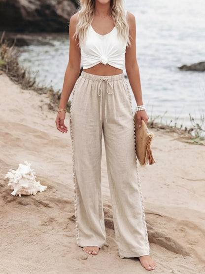 Women's Linen Blend Wide Leg Drawstring Pants - Pants