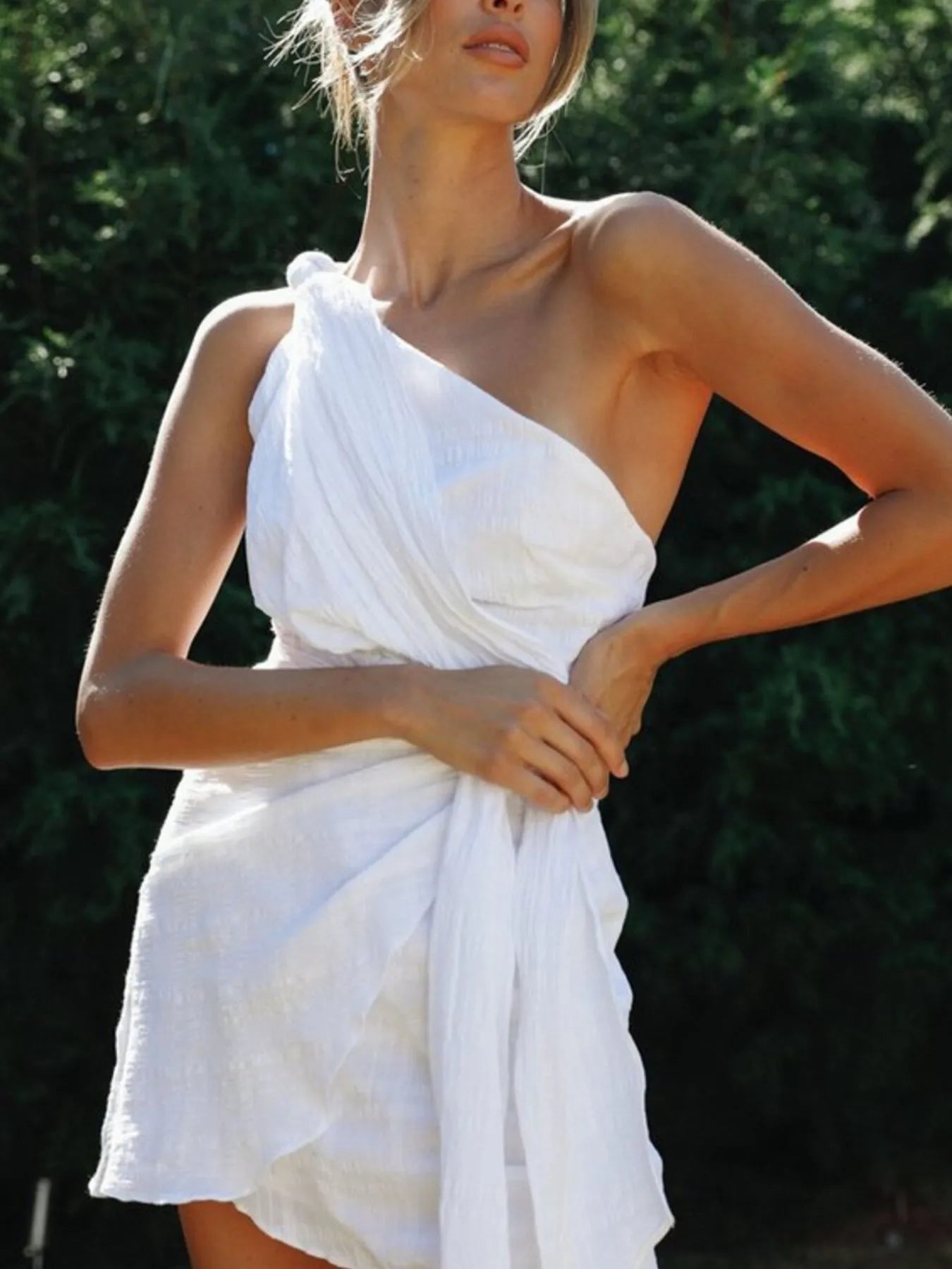 Ruched One-Shoulder Waist Tie Mini Dress - Mini Dresses