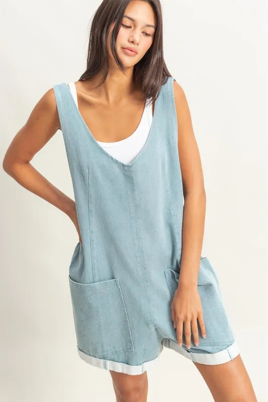 V-Neck Pocket Detail Romper – LIGHT BLUE outfit idea for women | Ro + Ivy