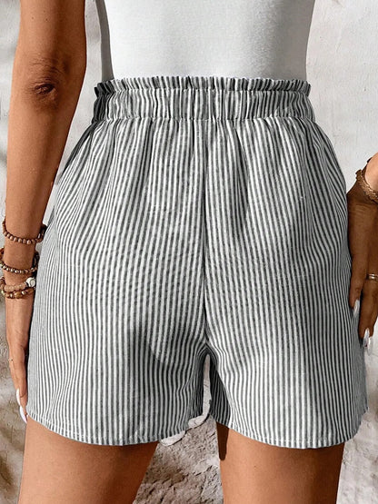 Women's Striped Elastic Waist Drawstring Shorts - Shorts