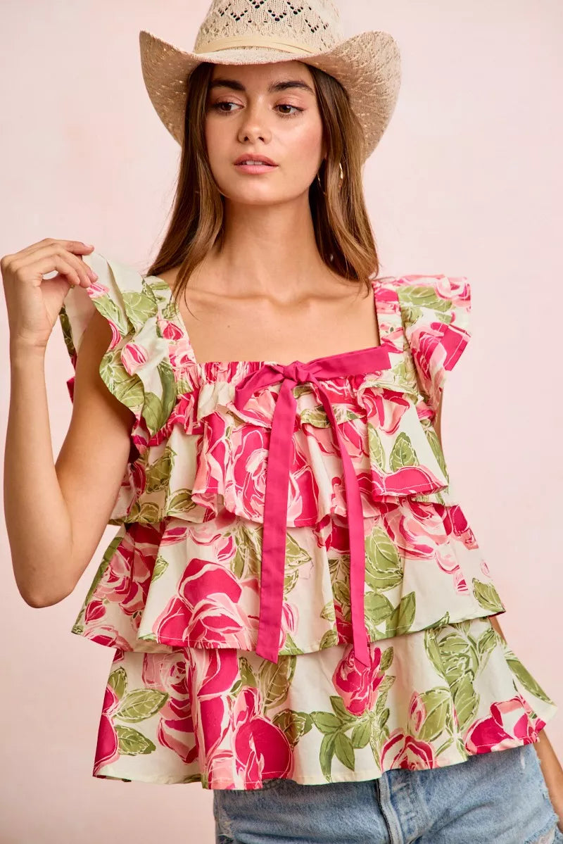 Floral Print Woven Bow Tie Ruffle Square Neck Top — Romantic Charming Feminine Everyday Style - Floral Blouses