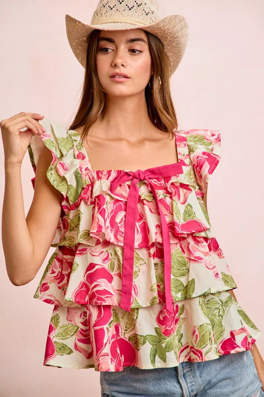 Floral Print Woven Bow Tie Ruffle Square Neck Top — Romantic Charming Feminine Everyday Style - Floral Blouses