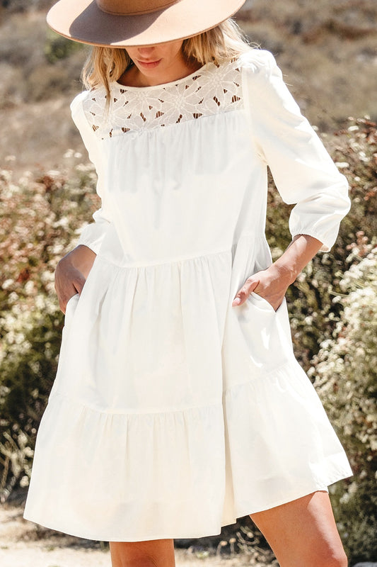 3/4 Sleeve Tiered Mini Dress with Pockets - White Mini Dresses